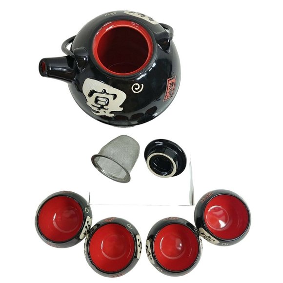 Tea Pot Asian Japanese with Strainer & 4 Sake Cups Embossed Textured 3-d Design - Picture 11 of 12